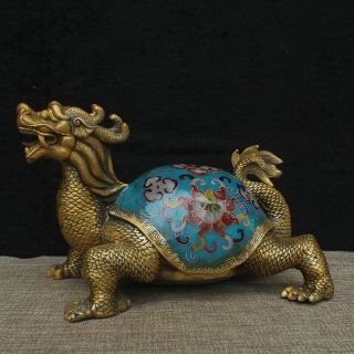 9 " China Old Antique Bronze Cloisonne Painting Flower Luck Dragon Turtle Statue