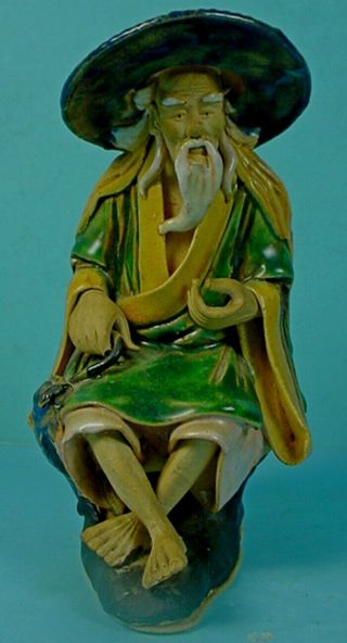 Large Antique Chinese Shiwan Stoneware Figurine ‘seated Mudman With Fish’