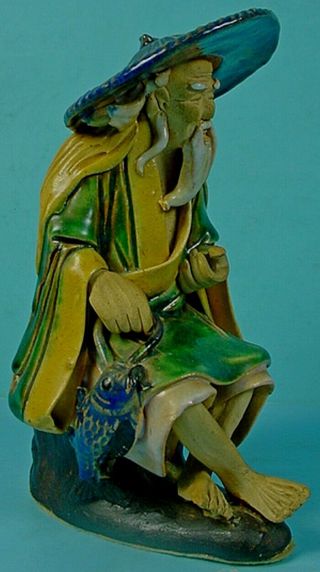 LARGE ANTIQUE CHINESE SHIWAN STONEWARE FIGURINE ‘SEATED MUDMAN with FISH’ 2