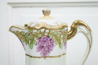 Antique Nippon Chocolate Pot Tea Pot Hand Painted Purple Flowers Gold Greens 2