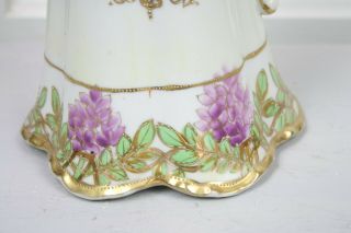 Antique Nippon Chocolate Pot Tea Pot Hand Painted Purple Flowers Gold Greens 4