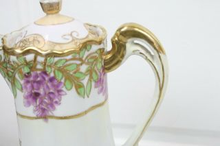 Antique Nippon Chocolate Pot Tea Pot Hand Painted Purple Flowers Gold Greens 5
