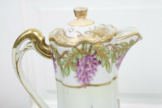 Antique Nippon Chocolate Pot Tea Pot Hand Painted Purple Flowers Gold Greens 6