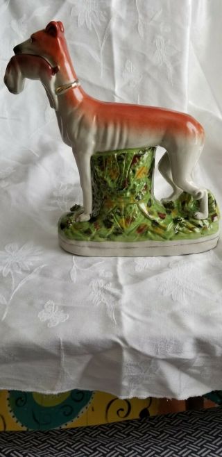 Lg Antique Staffordshire Dog Porcelain Figurine Greyhound W/ Rabbit
