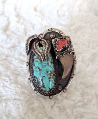 Vintage Antique Silver Turquoise Coral Badger Claw Navajo Ring - Kakiki Signed