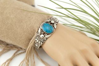 Vtg Fred Harvey Era Navajo Cuff Bracelet Sterling Silver Turquoise Bell Trading 6