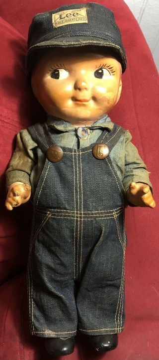 Vintage 13 " Advertising Buddy Lee Jeans Doll Union Made Overalls Hat Shirt