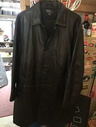Polo Ralph Lauren X - Large Black Leather Jacket Vintage Trench Coat Lined.  Euc