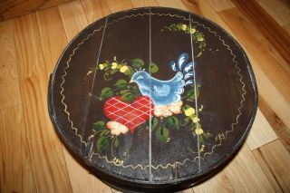 Wood Cheese Box Rosemaling Folk Art Cloth Lined Bluebird Heart Flowers Vintage