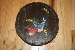 Wood CHEESE BOX ROSEMALING Folk Art Cloth Lined Bluebird Heart Flowers Vintage 2