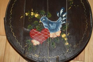 Wood CHEESE BOX ROSEMALING Folk Art Cloth Lined Bluebird Heart Flowers Vintage 3