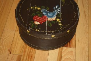 Wood CHEESE BOX ROSEMALING Folk Art Cloth Lined Bluebird Heart Flowers Vintage 4