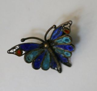 Small Hallmarked Antique Chinese Qing Dynasty Enamel On Silver Butterfly Pin