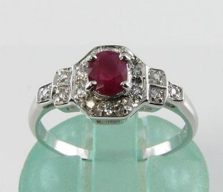 Crisp 9k 9ct White Gold Indian Ruby & Diamond Art Deco Ins Ring Resize