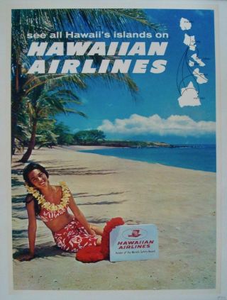 Hawaiian Airlines Vintage 1964 Travel Poster 21x28.  5 Linen Backed Nm