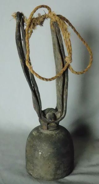 Antique Chinese Tibetan bronze bell 18th c cast leather harness yak sheep cow 3