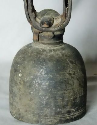 Antique Chinese Tibetan bronze bell 18th c cast leather harness yak sheep cow 6