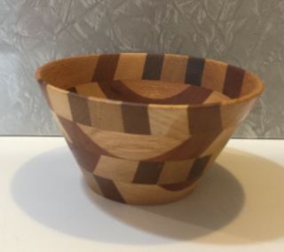 Vintage Handmade Mcm Inlay Wood Nut Bowl Dish Checkerboard Design Sign V.  M.