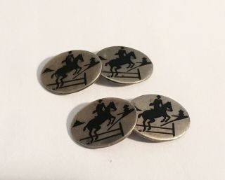 Antique Vintage Sterling Black Enamel Cuff Links With Horse & Rider