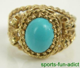 Vintage Persian Turquoise 14k Yellow Gold Ornate Twisted Rope Ring Sz.  7.  75