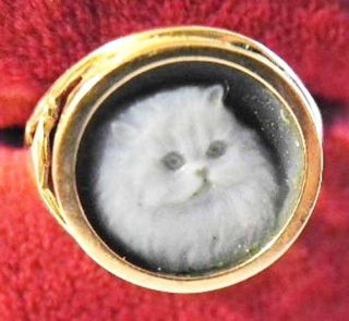 14k Yellow Gold Blue Agate Kitty Cat Cameo Ring Size 7.  5 Vtg Kitten Fine Feline