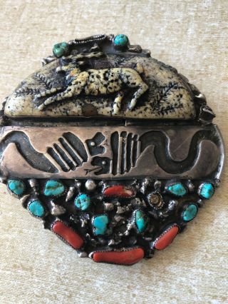 Navaho Coral,  Turquoise And Horn Silver Buckle Vintage