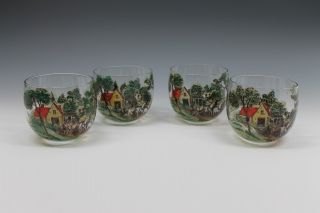 4 Antique Hand Painted Stage Coach Winter Scene Glass Brandy Glasses