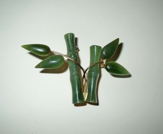 Estate Chinese Translucent Green Jade Bamboo Brooch - Exquisite