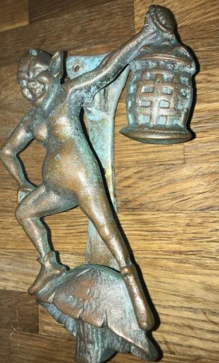 Antique Vintage Bronze/Brass Door Knocker - Pixie with Lantern Fairy Devil RARE 2