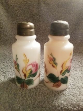 Antique White Milk Glass Hand Painted Shakers Set Of 2