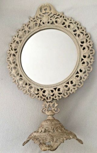Exquisite Old Vintage Mirror Tilts On Stand Ornate Cast Metal Antique White