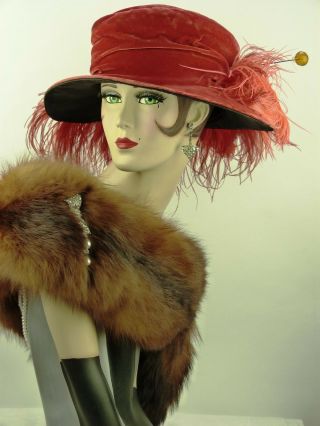 Vintage Hat 1910s Rust & Black Velvet Wide Brim Cloche Hat W Ostrich Feathers