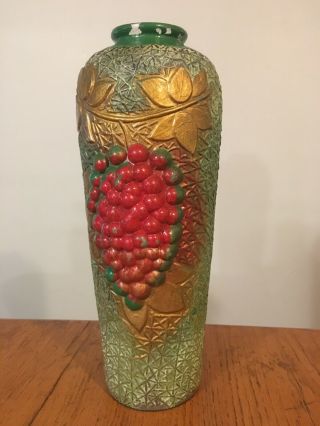 Vtg Antique Vase Urn Embossed Painted Goofus Glass Art Deco Grapes Vines