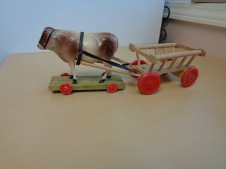 Antique Vintage German Wooden Pull Toy Type Composition Cow/ox Cart 11 " Long