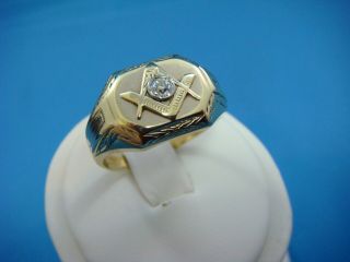 Masonic Antique 14k Yellow Gold Solid Back Compass Ring With Old Mine Diamond