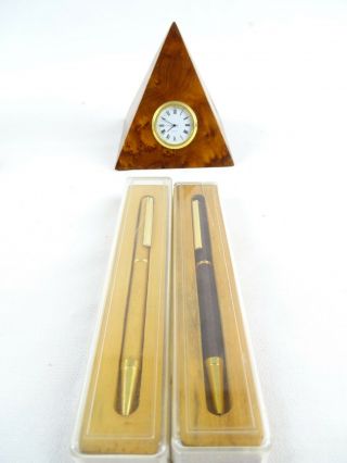 Walnut Pyrimid Shaped Desk Clock & 2 Fine Wood Pens Inc Tasmanian Oak