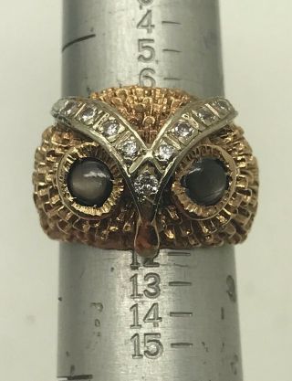 14k Y Gold Owl Ring W/ Diamonds And Black Star Sapphire Eyes 600.  Appraisal 10