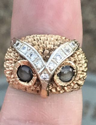 14k Y Gold Owl Ring W/ Diamonds And Black Star Sapphire Eyes 600.  Appraisal