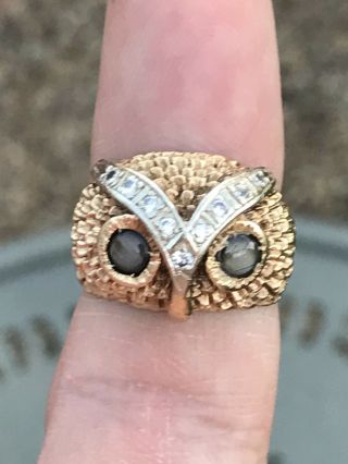 14k Y Gold Owl Ring W/ Diamonds And Black Star Sapphire Eyes 600.  Appraisal 3