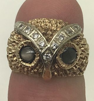 14k Y Gold Owl Ring W/ Diamonds And Black Star Sapphire Eyes 600.  Appraisal 5