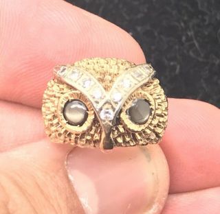 14k Y Gold Owl Ring W/ Diamonds And Black Star Sapphire Eyes 600.  Appraisal 6
