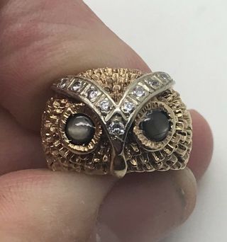 14k Y Gold Owl Ring W/ Diamonds And Black Star Sapphire Eyes 600.  Appraisal 8