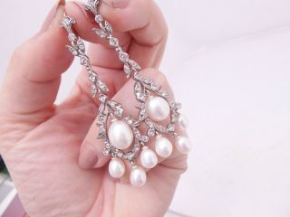 9ct Gold Silver Cultured Pearl Paste Set Chandelier Drop Earrings