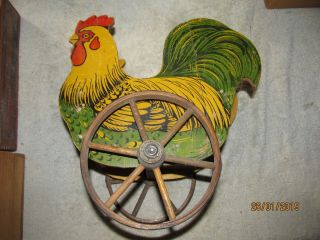 Vintage Wooden Rooster Chicken W/ Wooden Wheels Pull Toy 13 1/2 X 11 1/2 In