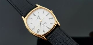 Omega De Ville Vintage 1980 Gents Gold Plated Slim Watch On Leather Watch Strap.