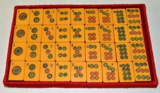 Antique MAHJONG Set Mah Jong Chinese Bakelite 156 Two Tone Tiles Inc.  16 Flowers 10