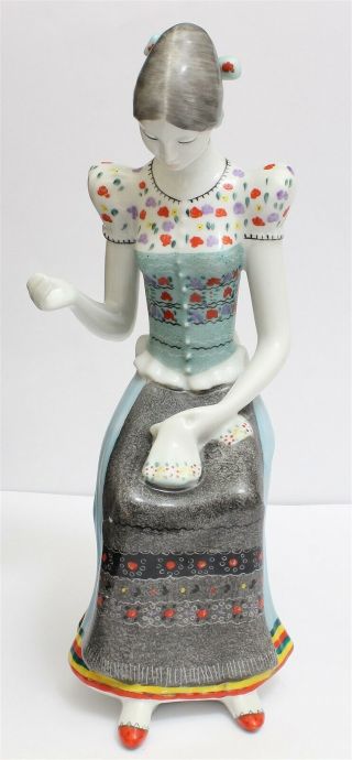 Vintage Hollohaza Hungary Hand Painted Porcelain Seamstress Lady Figurine 9 "