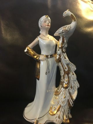 Kpm Porcelain Regal Woman With Peacock Figurine,  9 "