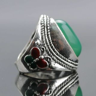 Chinese Exquisite Tibet Silver Inlaid Green Jade Handwork National Fashion Ring