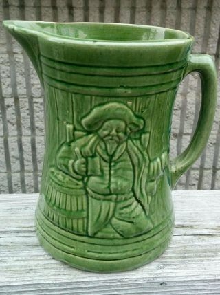 Antique Unmarked Mccoy Art Pottery Heavy Green Pitcher 8 " Fat Drunk Pirate Man